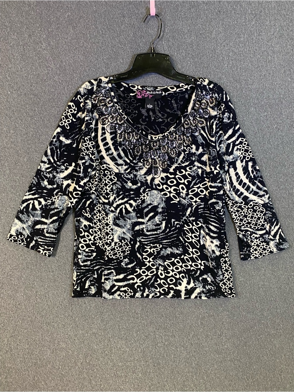 Peck & Peck Black and White Beaded Scoop Neck 3/4 Sleeve Top